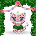 Cartoon cat dressed as a hula dancer under the ukulele, Hawaii. Summer, vacation. Cute child character, symbol of 2023 Royalty Free Stock Photo