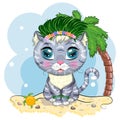 Cartoon cat dressed as a hula dancer under the ukulele, Hawaii. Summer, vacation. Cute child character, symbol of 2023 Royalty Free Stock Photo