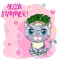 Cartoon cat dressed as a hula dancer under the ukulele, Hawaii. Summer, vacation. Cute child character, symbol of 2023 Royalty Free Stock Photo