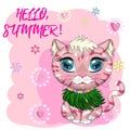 Cartoon cat dressed as a hula dancer under the ukulele, Hawaii. Summer, vacation. Cute child character, symbol of 2023 Royalty Free Stock Photo