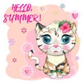 Cartoon cat dressed as a hula dancer under the ukulele, Hawaii. Summer, vacation. Cute child character, symbol of 2023 Royalty Free Stock Photo