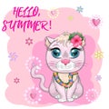 Cartoon cat dressed as a hula dancer under the ukulele, Hawaii. Summer, vacation. Cute child character, symbol of 2023 Royalty Free Stock Photo