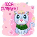 Cartoon cat dressed as a hula dancer under the ukulele, Hawaii. Summer, vacation. Cute child character, symbol of 2023 Royalty Free Stock Photo