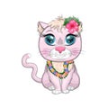 Cartoon cat dressed as a hula dancer under the ukulele, Hawaii. Summer, vacation. Cute child character, symbol of 2023 Royalty Free Stock Photo