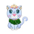 Cartoon cat dressed as a hula dancer under the ukulele, Hawaii. Summer, vacation. Cute child character, symbol of 2023 Royalty Free Stock Photo