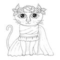 Cartoon cat with flower on the head for coloring book or pages Royalty Free Stock Photo