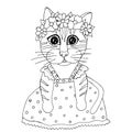 Cartoon cat with flower on the head for coloring book or pages Royalty Free Stock Photo