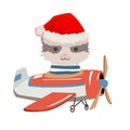 Cartoon cat fly on a airplane. Image for children clothes, postcards. Royalty Free Stock Photo