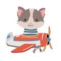 Cartoon cat fly on a airplane. Image for children clothes, postcards. Royalty Free Stock Photo