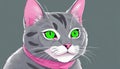 A cartoon cat with green eyes and a pink collar