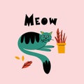 Cartoon cat. Hand drawn funny pet and lettering, green playful meow kitten, domestic animals, sticker collection. Card, t-shirt or
