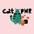 Cartoon cat. Hand drawn funny pet and lettering, green playful meow kitten power, domestic animals, sticker collection. Card, t-