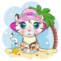 Cartoon cat in a hat with flowers. Summer, vacation. Cute child character, symbol of 2023 new chinese year. Royalty Free Stock Photo