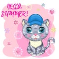 Cartoon cat in a hat with flowers. Summer, vacation. Cute child character, symbol of 2023 new chinese year Royalty Free Stock Photo
