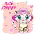 Cartoon cat in a hat with flowers. Summer, vacation. Cute child character, symbol of 2023 new chinese year Royalty Free Stock Photo