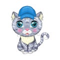 Cartoon cat in a hat with flowers. Summer, vacation. Cute child character, symbol of 2023 new chinese year Royalty Free Stock Photo