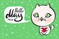 Cartoon cat with Hello May meow banner. background. Vector illustration. Royalty Free Stock Photo