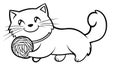Cute Cat Playing with a Ball of Yarn, Simple Line Art - Black and White Royalty Free Stock Photo