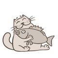Cartoon cat holds big fish. Vector illustration Royalty Free Stock Photo