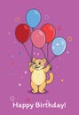 Cartoon Cat keeps five air balloons in its paws.