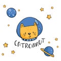 Cartoon cat like cosmonaut with lettering hand drawn.