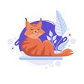 Cartoon cat lying on the ground and happily smiling. Red baby bobcat. Completed and isolated vector illustration