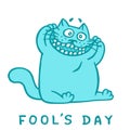 Cartoon cat makes crazy face. Fool`s day. Vector Illustration Royalty Free Stock Photo