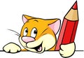 Cartoon cat peeking out holding red pencil Royalty Free Stock Photo