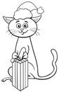 cartoon cat with present on Christmas time coloring page Royalty Free Stock Photo
