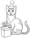 cartoon cat with present on Christmas time coloring page Royalty Free Stock Photo