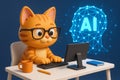 Cartoon cat programmer using computer with ai brain hologram at desk. concept of technology, artificial intelligence, feline Royalty Free Stock Photo