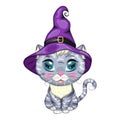 Cartoon cat in purple witch hat with broom, pumpkin, potion. Halloween character, poster. symbol of 2023