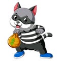 Cartoon cat thief dressed in dark mask holding big bag stolen more moneys and coins