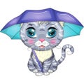 Cartoon cat with an umbrella. Autumn is coming. Cute child character, symbol of 2023 new chinese year Royalty Free Stock Photo