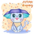 Cartoon cat with an umbrella. Autumn is coming. Cute child character, symbol of 2023 new chinese year Royalty Free Stock Photo