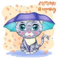 Cartoon cat with an umbrella. Autumn is coming. Cute child character, symbol of 2023 new chinese year Royalty Free Stock Photo