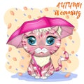 Cartoon cat with an umbrella. Autumn is coming. Cute child character, symbol of 2023 new chinese year Royalty Free Stock Photo