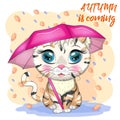 Cartoon cat with an umbrella. Autumn is coming. Cute child character, symbol of 2023 new chinese year Royalty Free Stock Photo