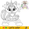 Cartoon cat unicorn sitting on a rainbow coloring book page vector Royalty Free Stock Photo