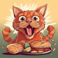 cartoon cat, vector art, fluffy art, cat eating fast food, cat illustration