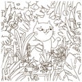 Cartoon cat watering plants and flowers with watering can. Vector hand drawn illustration of kitten in garden. Coloring book page Royalty Free Stock Photo