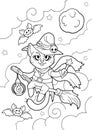 Cartoon cat witch, coloring book, funny illustration