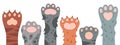 Cartoon cats cute paws. Kitty fluffy paws, domestic animals feet. Cat paws flat vector background illustration