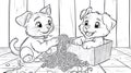 Cute Cat Dog Coloring Page, Kitten Puppy Playing Royalty Free Stock Photo