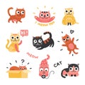 Cartoon cats. Funny kittens of different colors, funny lazy cat characters. Lovely playful pets, home animals vector set