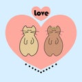 Cartoon cats are in love. Cats in big pink heart on blue background. Royalty Free Stock Photo
