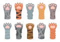 Cartoon cats paws. Cute cat fluffy paw, striped and spotted domestic animals feet. Clawed cat paws flat vector illustration set Royalty Free Stock Photo