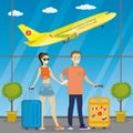 Cartoon caucasian couple of travelers at the airport