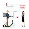 Cartoon caucasian delivery man riding on electric scooter. Handsome courier male character and woman client waiting order