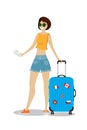 Cartoon caucasian female passenger with modern suitcase